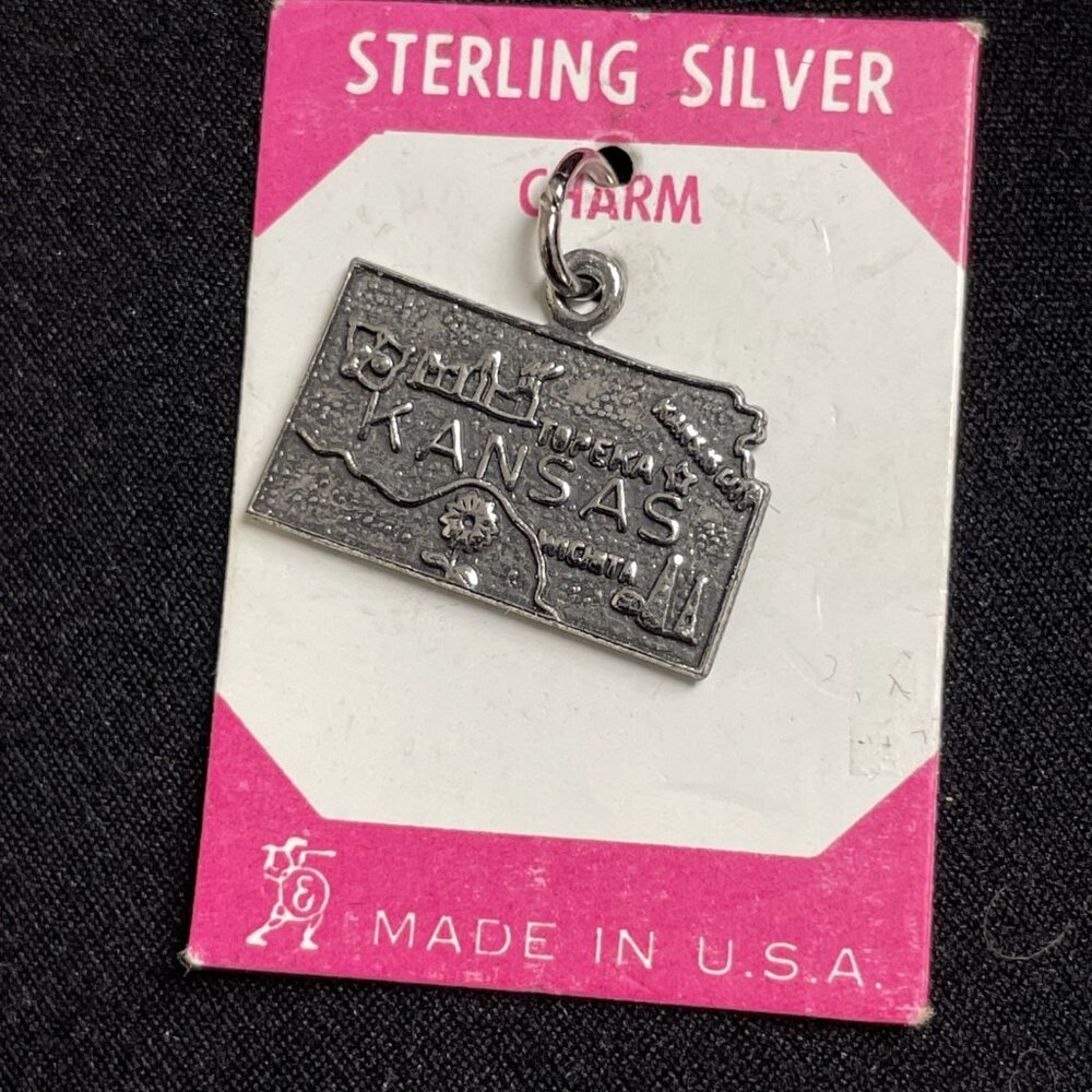 Vintage Sterling Silver Kansas State Charm On Card